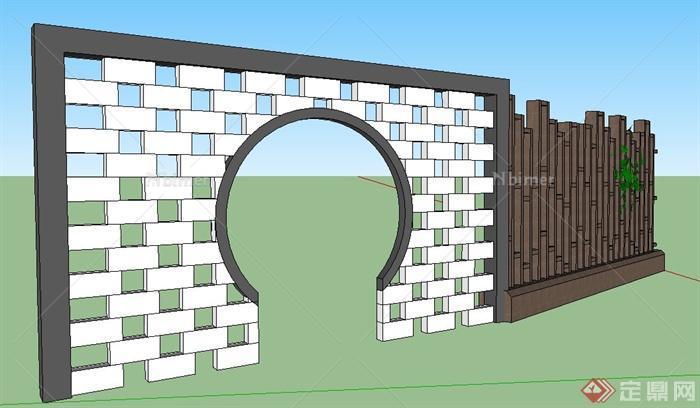 现代风格镂空景墙与围栏su模型