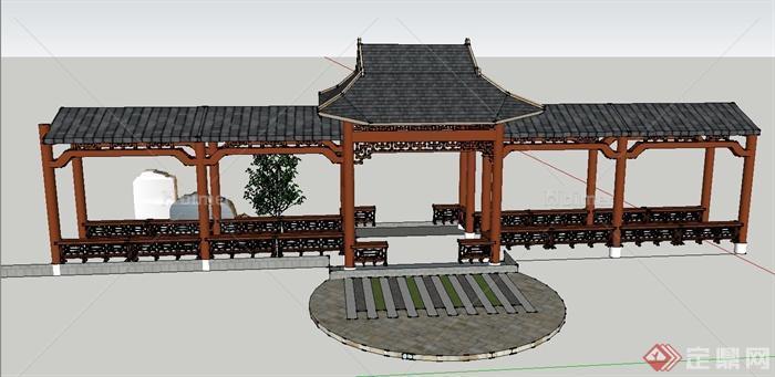 园林景观节点中式木质亭廊组合设计SU模型