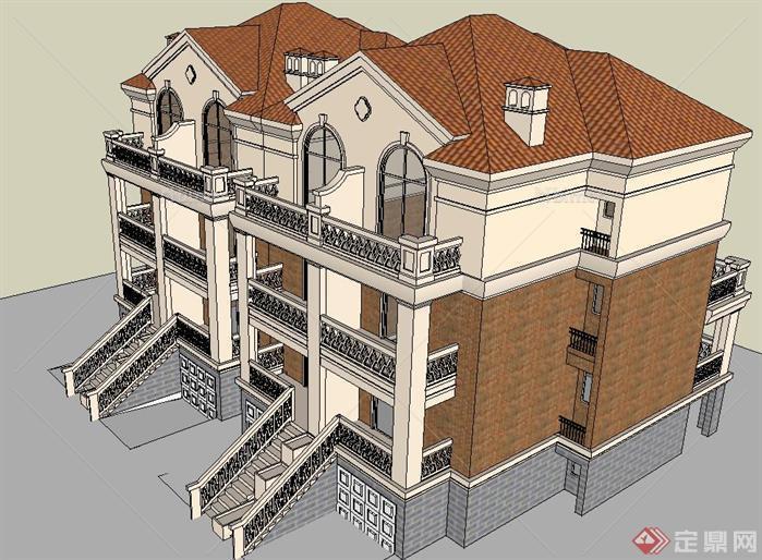 一个欧式双拼别墅建筑SU精致设计模型
