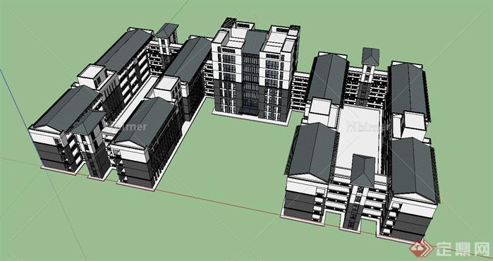 现在中式中小学校建筑规划设计SU模型