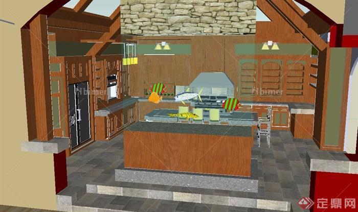 某现代住宅单层室内厨房餐厅组合设计su模型[原创