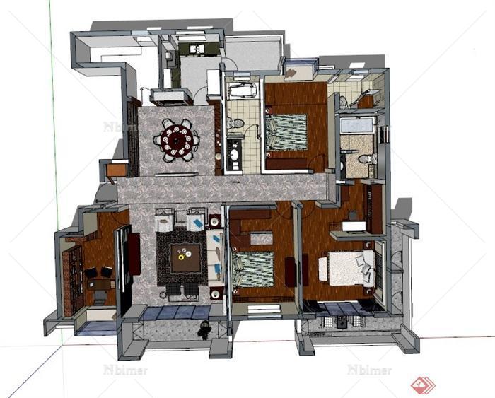 现代中式某三室一厅住宅空间家装设计SU模型
