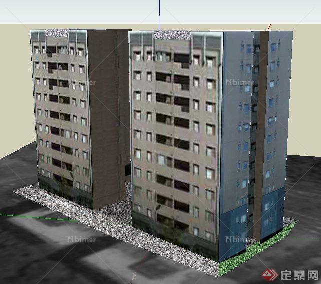 现代两栋对称住宅楼建筑设计su模型