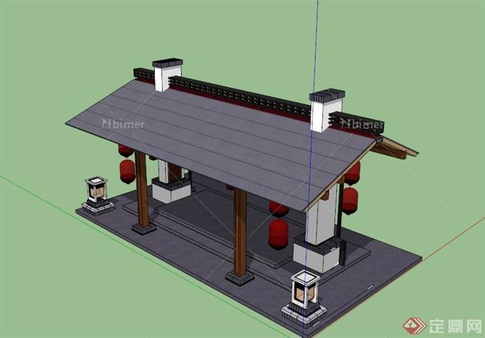 红灯笼木亭子大门设计SU模型