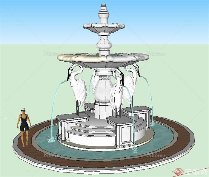 现代风格仙鹤雕塑喷泉su模型