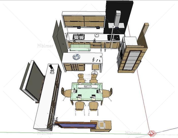 现代住宅空间厨房与客厅设计SU模型