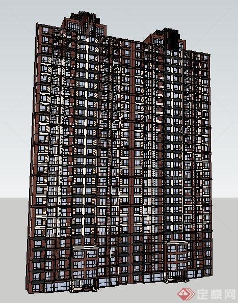 某现代风格高层双拼公寓住宅楼建筑设计su模型[原