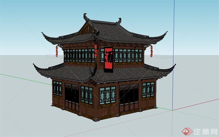 双层古典中式酒楼建筑设计su模型