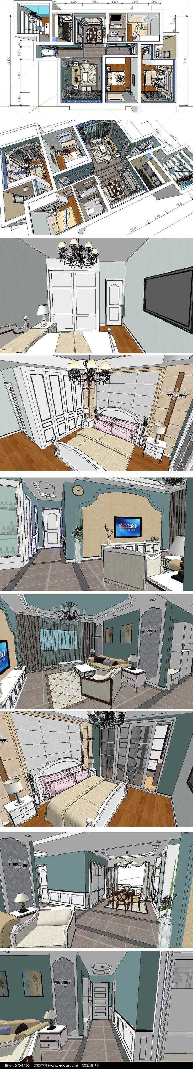 美式风格整体室内家装草图大师模型