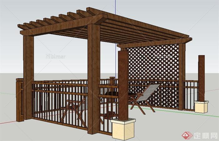 现代中式露台木制廊架组合su模型