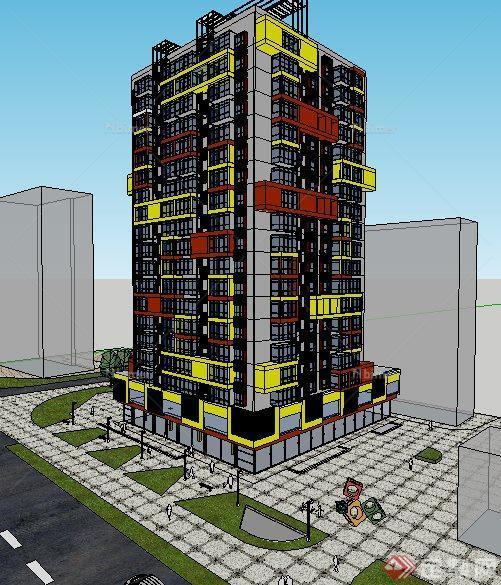 現代彩色高層寫字樓建築設計su模型原創