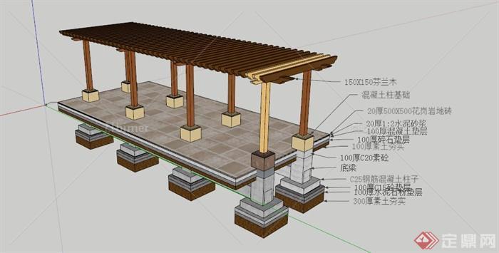 现代木廊架设计SU模型（含材料标注）