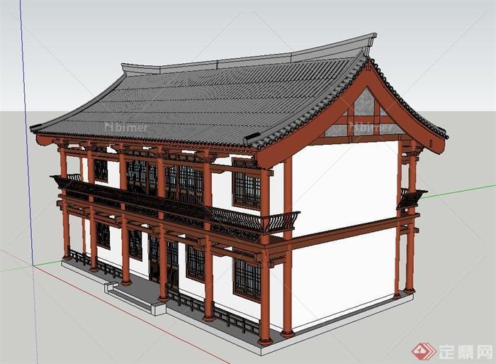 古典中式风格两层茶楼建筑设计SU模型