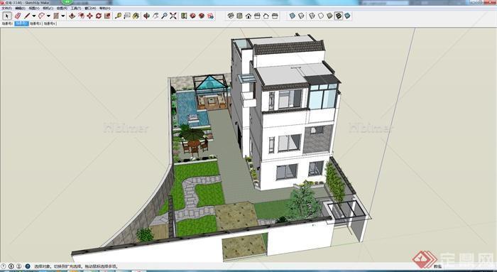 某中式风格住宅建筑设计su模型（含庭院景观）