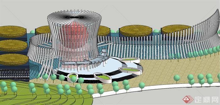 某现代中式风格民族铜鼓博物馆建筑设计SU模型[原