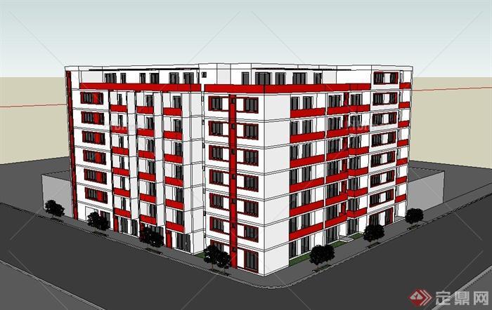 某现代风格七层小区房建筑设计SU模型