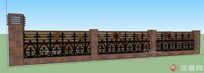 现代风格铁艺木制围墙su模型