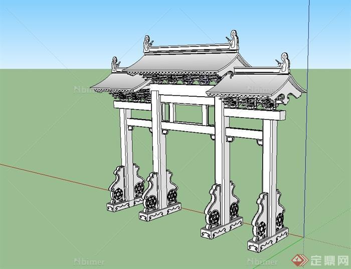 中国古典中式风格无材质贴图牌坊门设计su模型[原