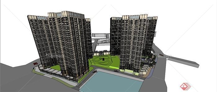 三个不同风格高层住宅小区建筑设计SU模型