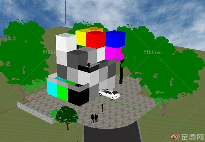 某单层集装箱式彩色建筑设计SU模型