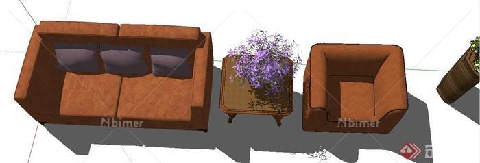 某室内沙发、茶几、花卉盆景设计SU模型