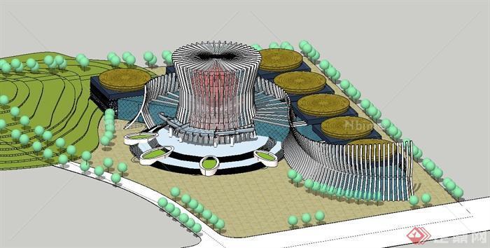 某现代中式风格民族铜鼓博物馆建筑设计SU模型[原