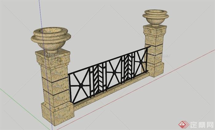 欧式铁艺石柱栏杆SU模型