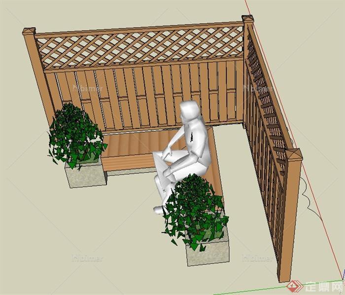 园林景观木栅栏、坐凳、花钵设计SU模型