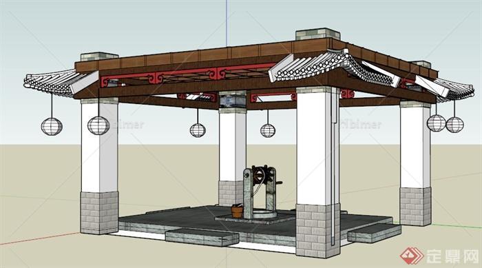 现代中式风格四角井亭设计su模型