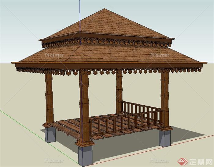 古典中式木质重檐四角亭设计SU模型