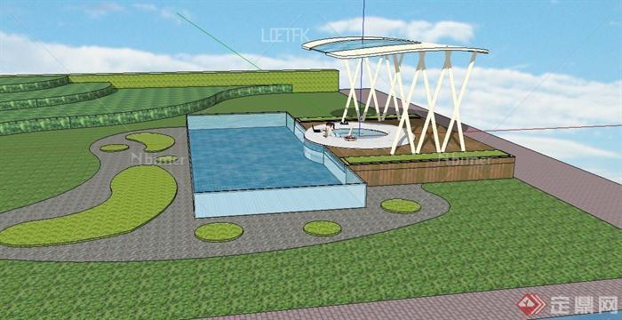 园林景观廊亭泳池景观设计SU模型与PSD效果图[原