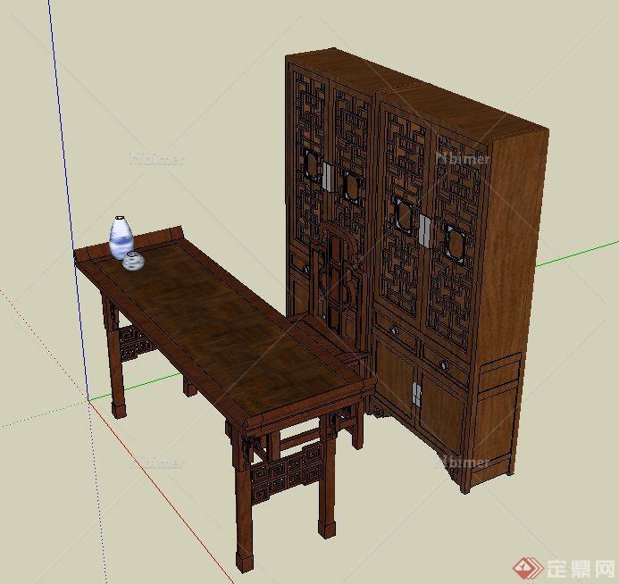 古典中式木质桌子与地柜设计SU模型