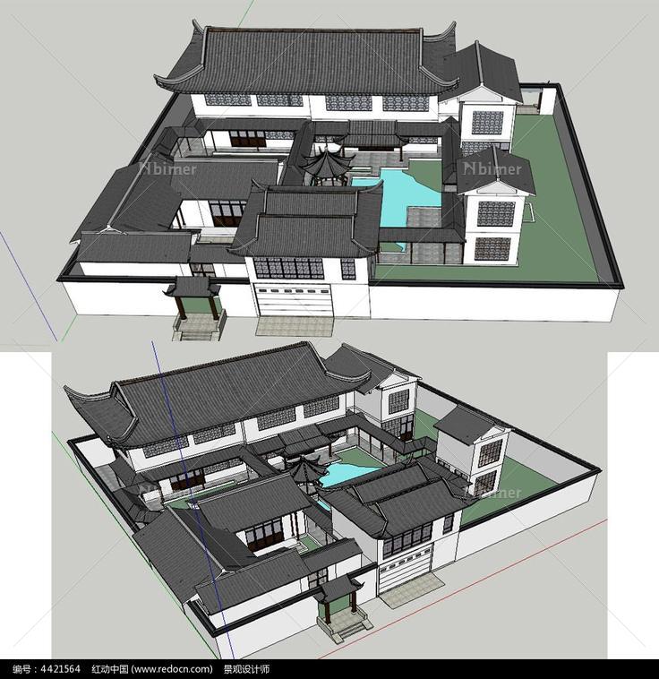 中式四合院别墅SU模型