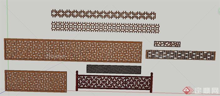 木质镂空围栏花纹设计SU模型