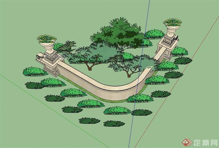 欧式风格庭院小场景矮墙、花钵柱设计su模型