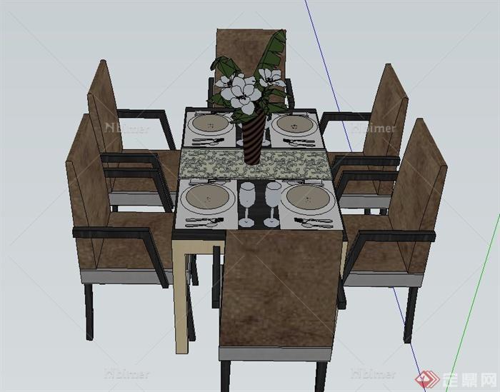 现代室内六人长方形餐桌椅设计SU模型