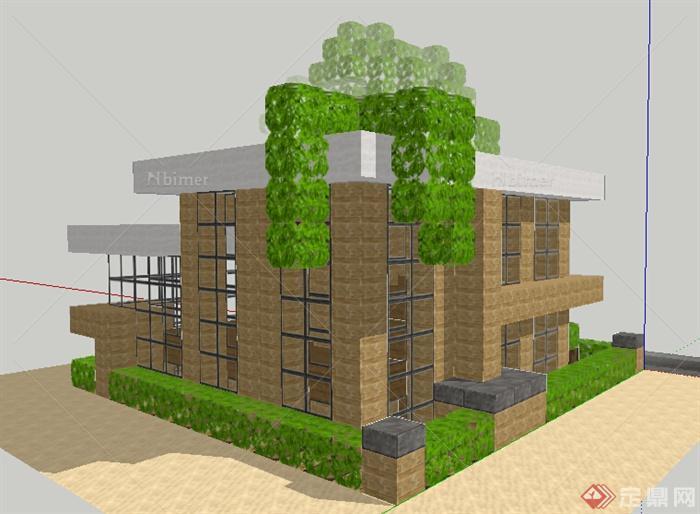 现代风格两层临街住宅建筑设计su模型