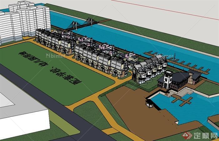 某现代中式风格滨河住宅楼设计su模型[原创]