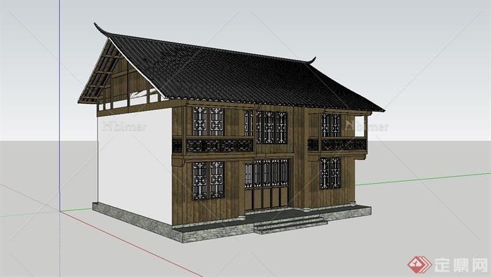 中式两层住宅楼瓦房建筑设计su模型