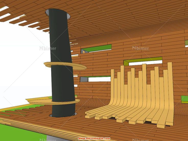 -特色观景台座椅sketchup模型 木栈道休闲座椅SU
