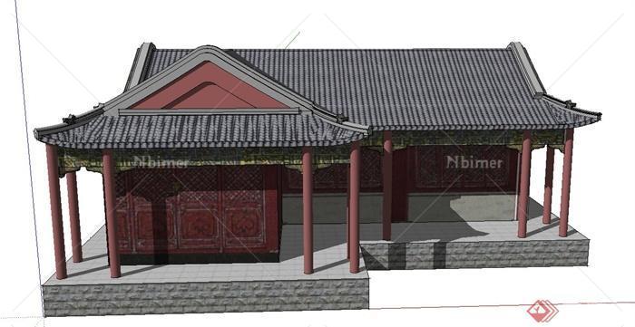 古典中式单层组合寺庙建筑设计SU模型