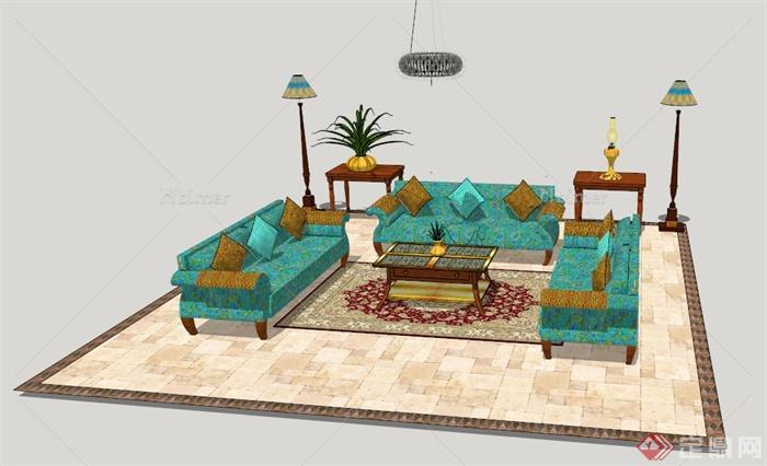 东南亚风格沙发茶几组合家具su模型