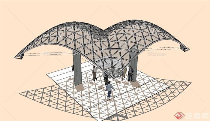 现代拱形两半廊架设计SU模型