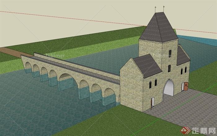 石桥门楼建筑设计SU模型