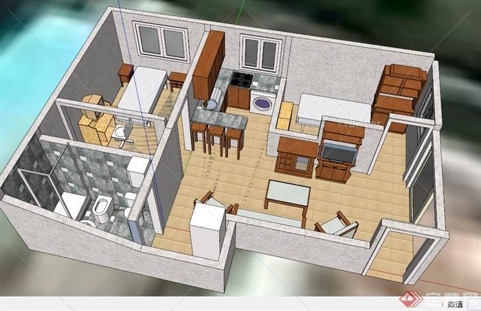 现代简约两居室住宅空间设计SU模型[原创]