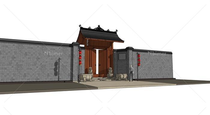 某新中式大门设计su模型（含围墙、狮子雕塑）[原