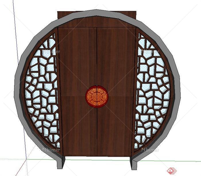 古典中式圆形木质门设计SU模型