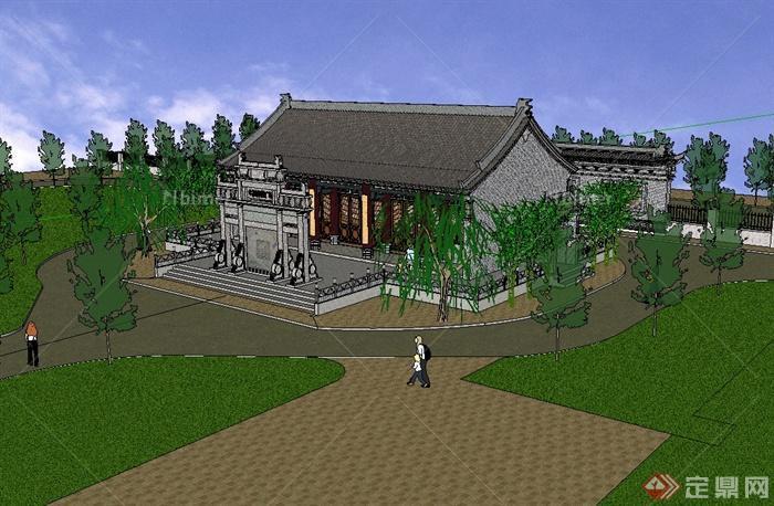 中国古典中式风格单层祠堂建筑设计su模型[原创]