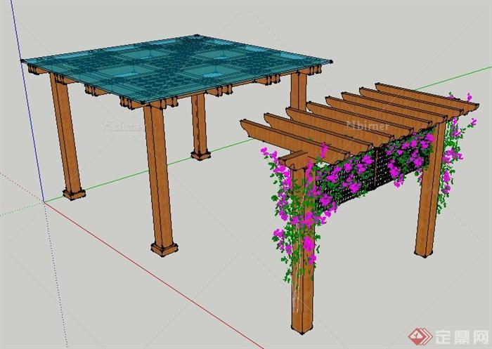 园林景观两款现代木制花架su模型