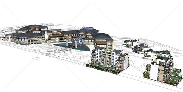 新中式别墅、联体公寓、酒店建筑设计方案SU模型